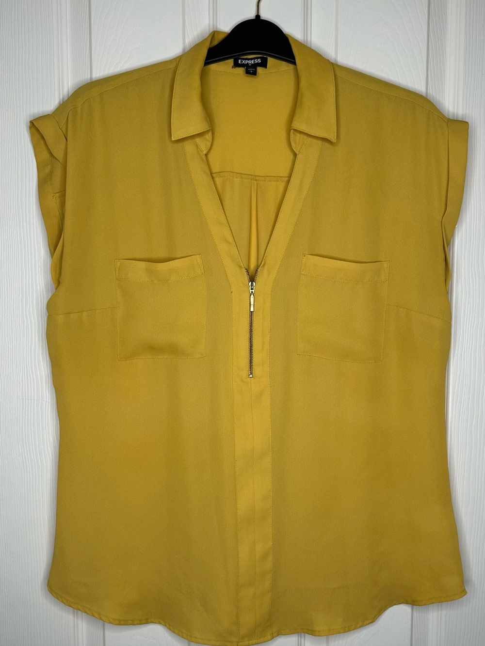 Express Women's Yellow Zip-Front Short Sleeve Blouse size large